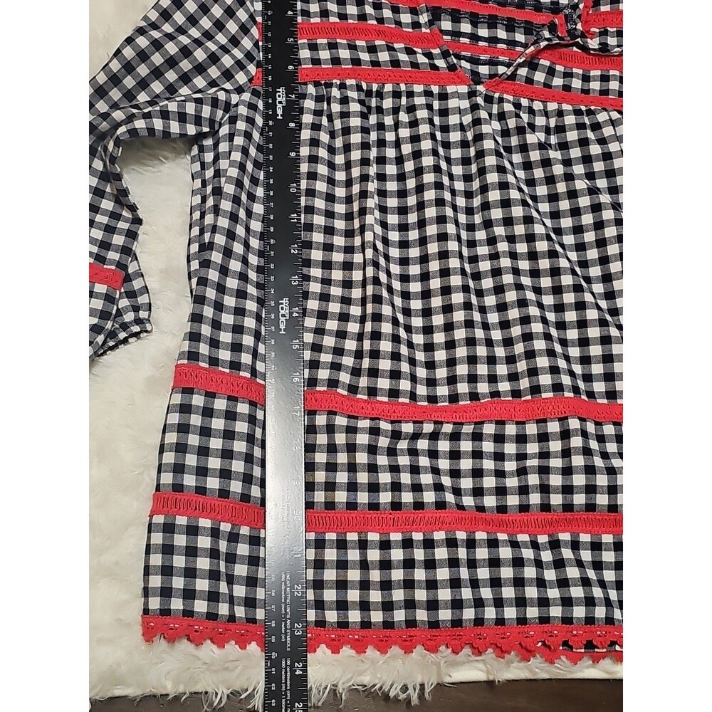 Crown & Ivy Frida's Garden Navy Red/White S Gingham Peasant Top Checks  Tassels - Picture 15 of 16